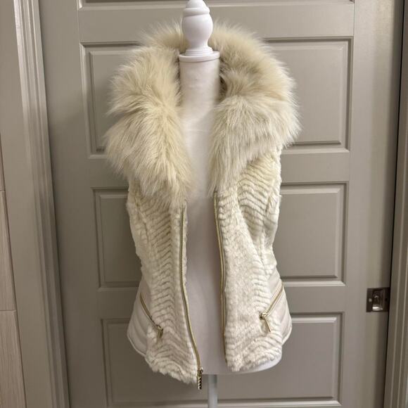 Guess Cream Faux Fur Trim Soft Vest Sleeveless Open Front Winter Jacket - Picture 2 of 8